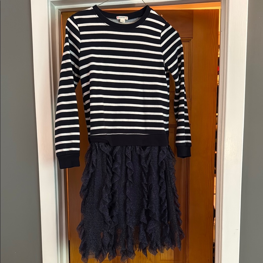 Crewcuts Navy and White Striped  Sweatshirt Dress with Ruffled Skirt